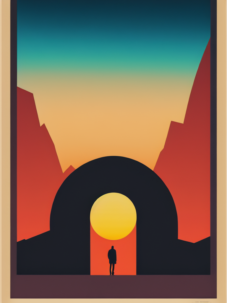 00767-2510247091-a poster of a man standing in front of a tunnel with a sunset in the background by Olly Moss.png